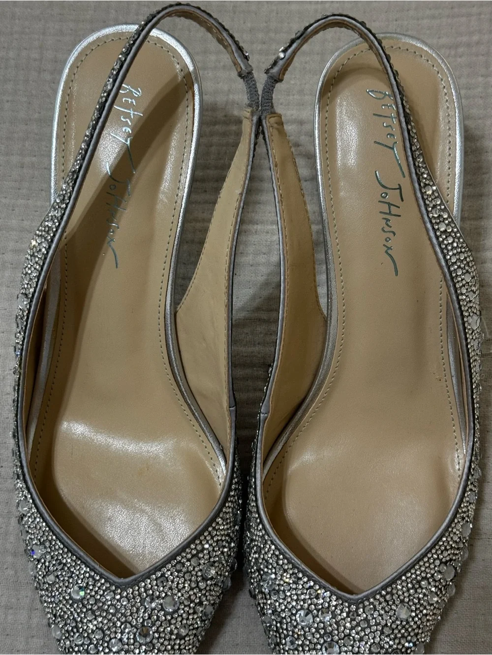 Betsey Johnson Mya Silver Rhinestone Slingback Heels